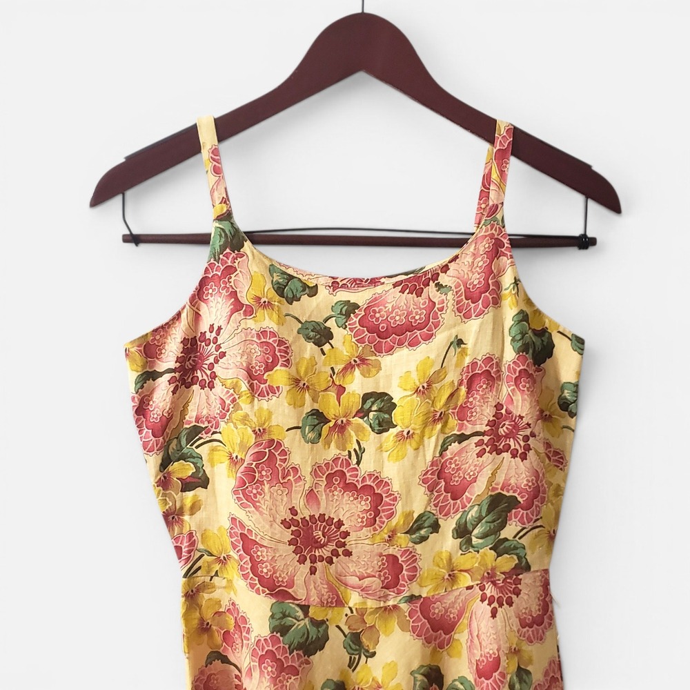 VTG J.P. & Mattie 100% Linen Yellow Floral Fit & Flare Dress Petite 90s Retro - Picture 2 of 11
